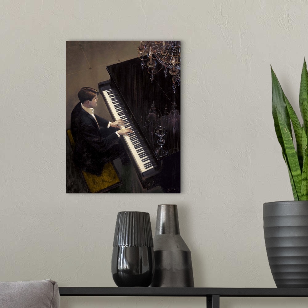 A modern room featuring Contemporary painting of a man playing a piano, with chandelier over head.