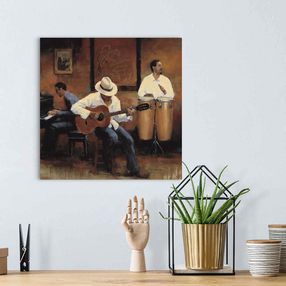 A bohemian room featuring Contemporary painting of a group of jazz musicians playing the bongos, guitar, and piano.