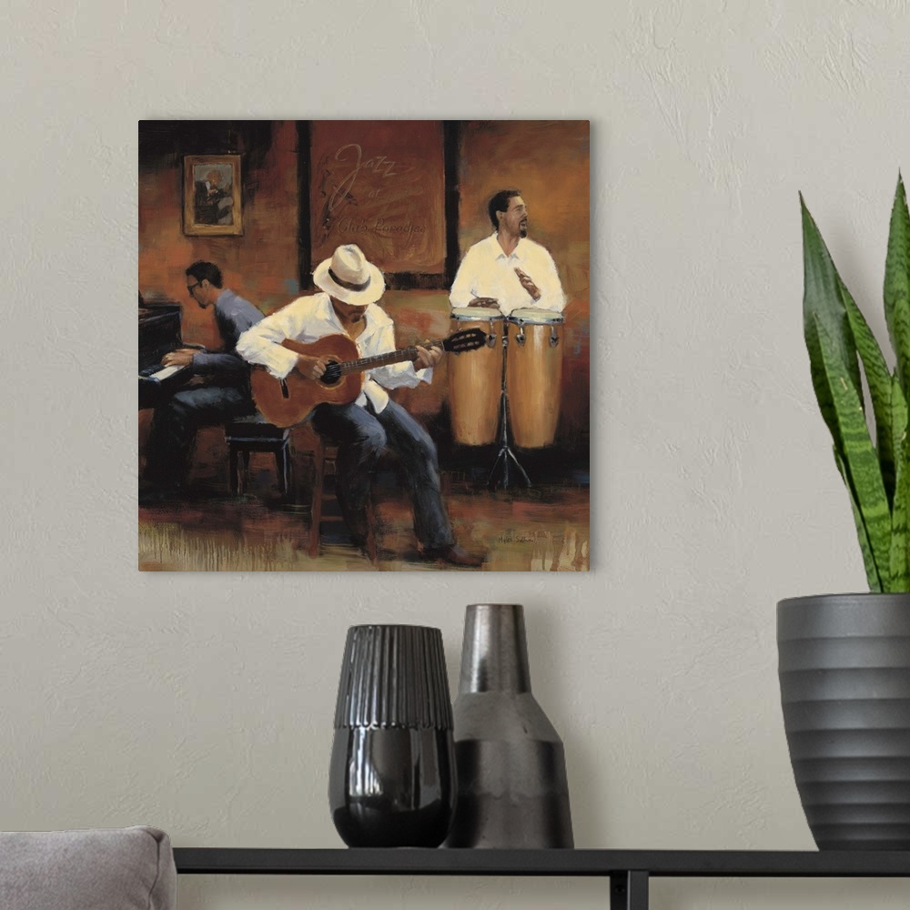 A modern room featuring Contemporary painting of a group of jazz musicians playing the bongos, guitar, and piano.