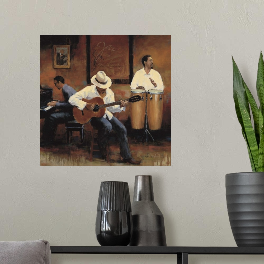 A modern room featuring Contemporary painting of a group of jazz musicians playing the bongos, guitar, and piano.