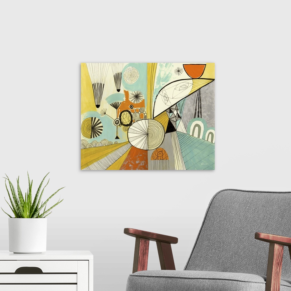 A modern room featuring Contemporary illustration with a retro feel of colorful shapes and designs.