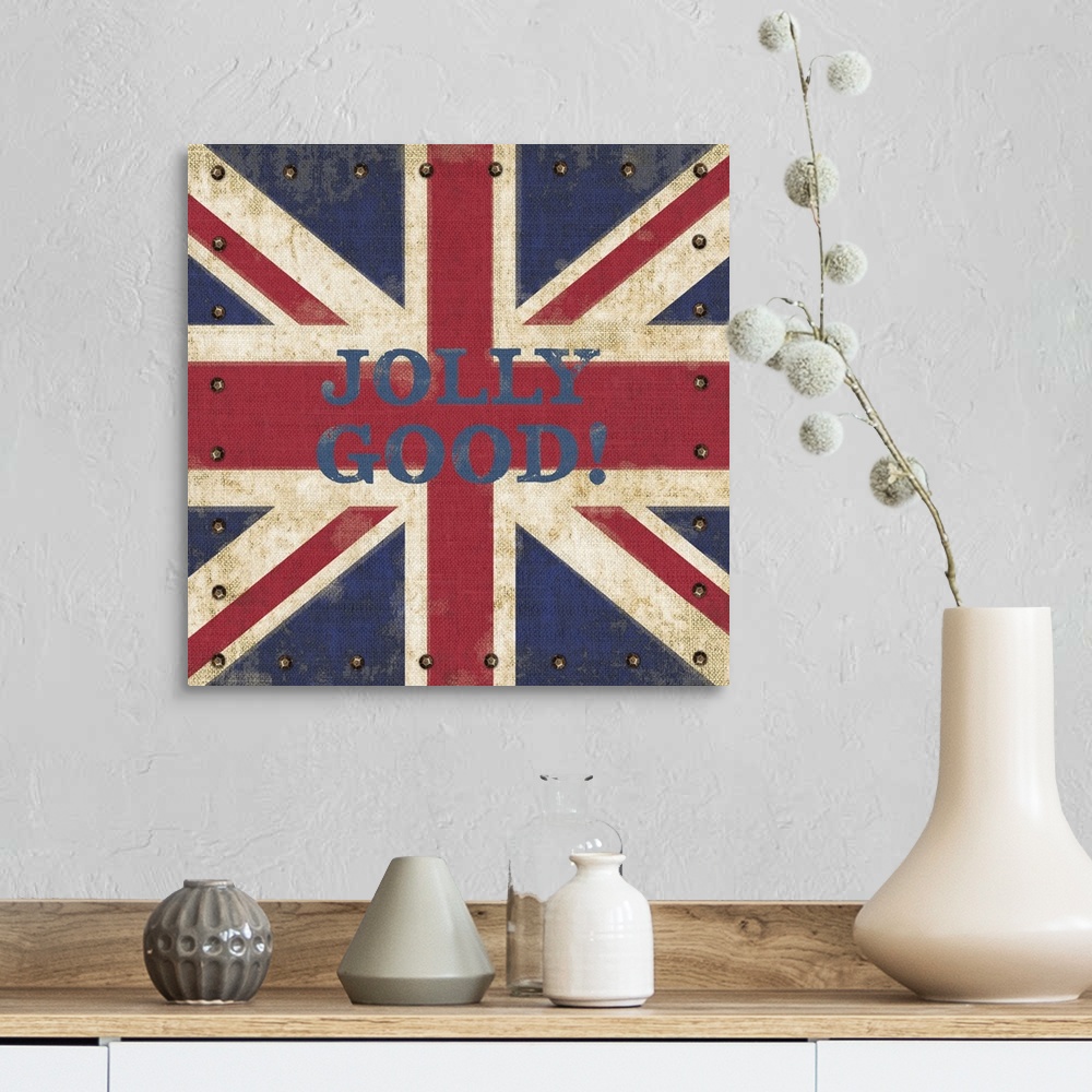 A farmhouse room featuring Contemporary Union Jack flag art with a rustic feel.