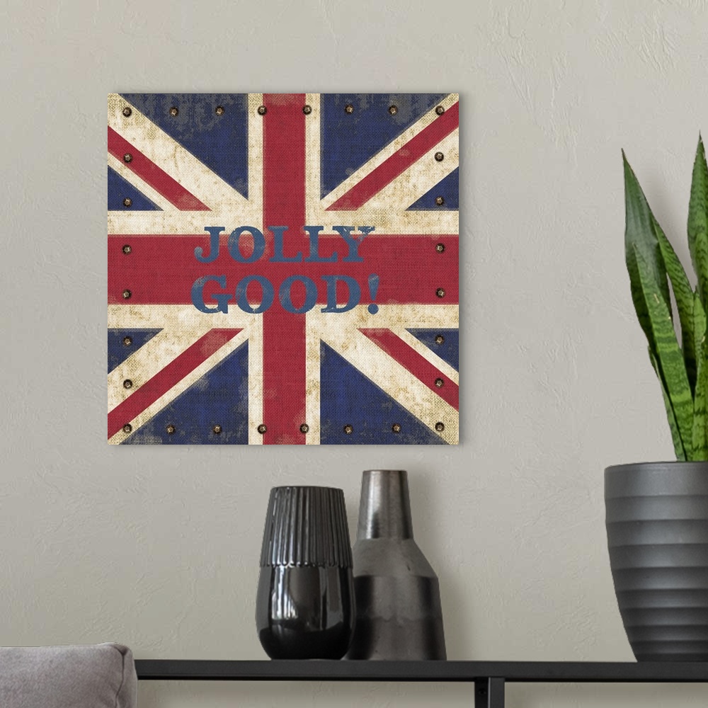 A modern room featuring Contemporary Union Jack flag art with a rustic feel.