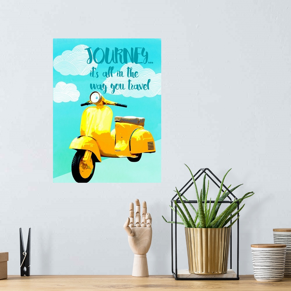 A bohemian room featuring "Journey... it's all in the way you travel" written on top of illustrated clouds with a bright ye...