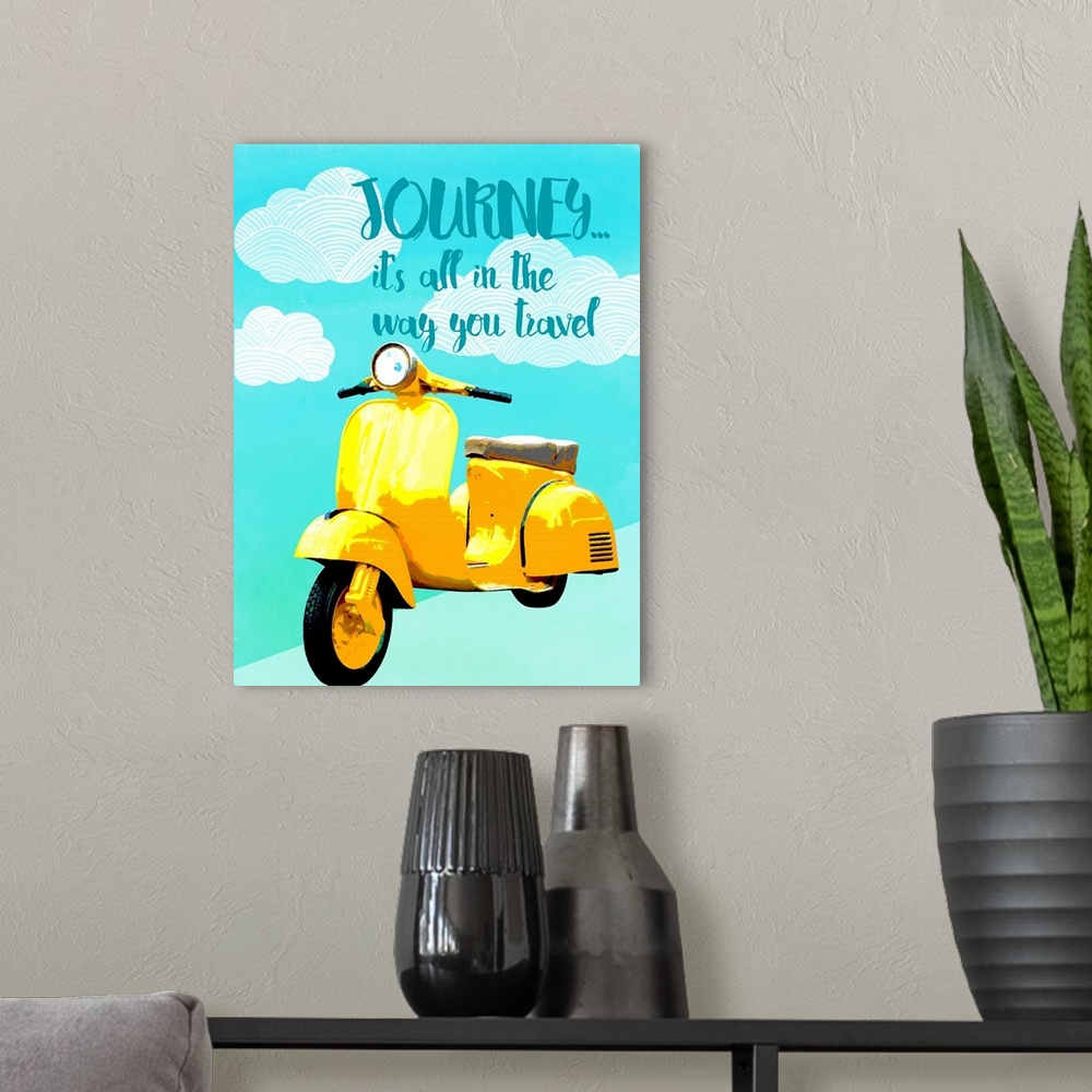 A modern room featuring "Journey... it's all in the way you travel" written on top of illustrated clouds with a bright ye...