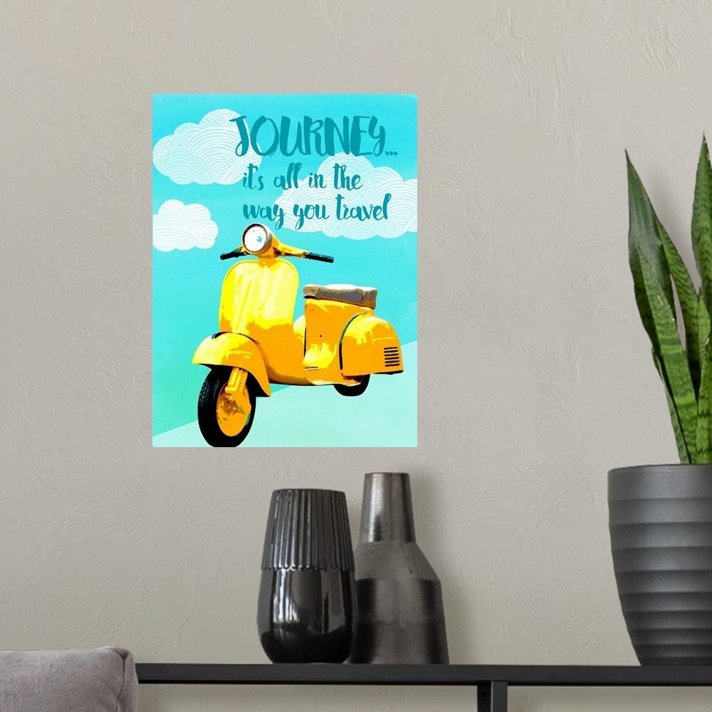 A modern room featuring "Journey... it's all in the way you travel" written on top of illustrated clouds with a bright ye...