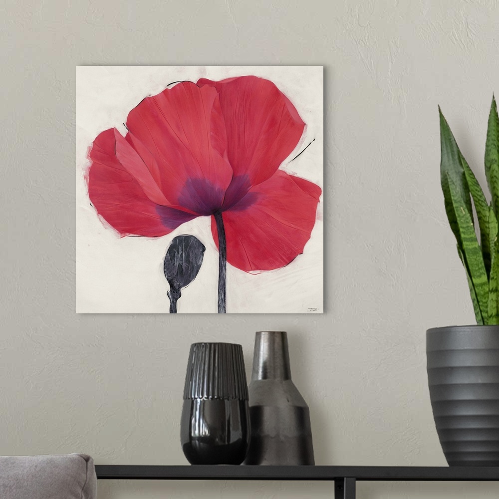 A modern room featuring Contemporary home decor painting of a close-up of a red poppy.
