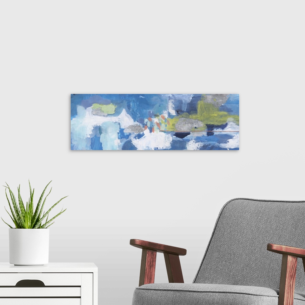 A modern room featuring Contemporary abstract painting using tones of blue and green.