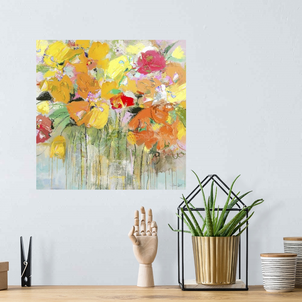 A bohemian room featuring Contemporary artwork of several orange, yellow, and red flowers in a garden.