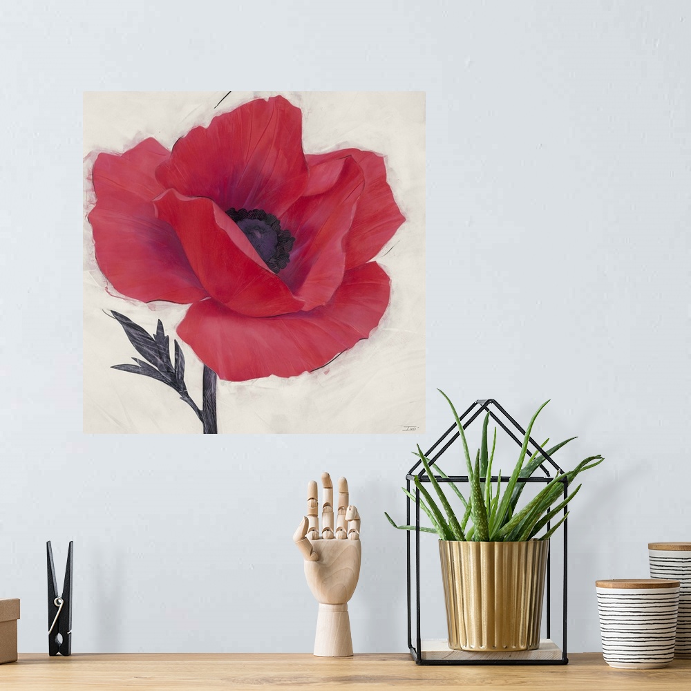 A bohemian room featuring Contemporary home decor painting of a close-up of a red poppy.