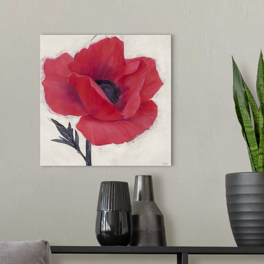 A modern room featuring Contemporary home decor painting of a close-up of a red poppy.