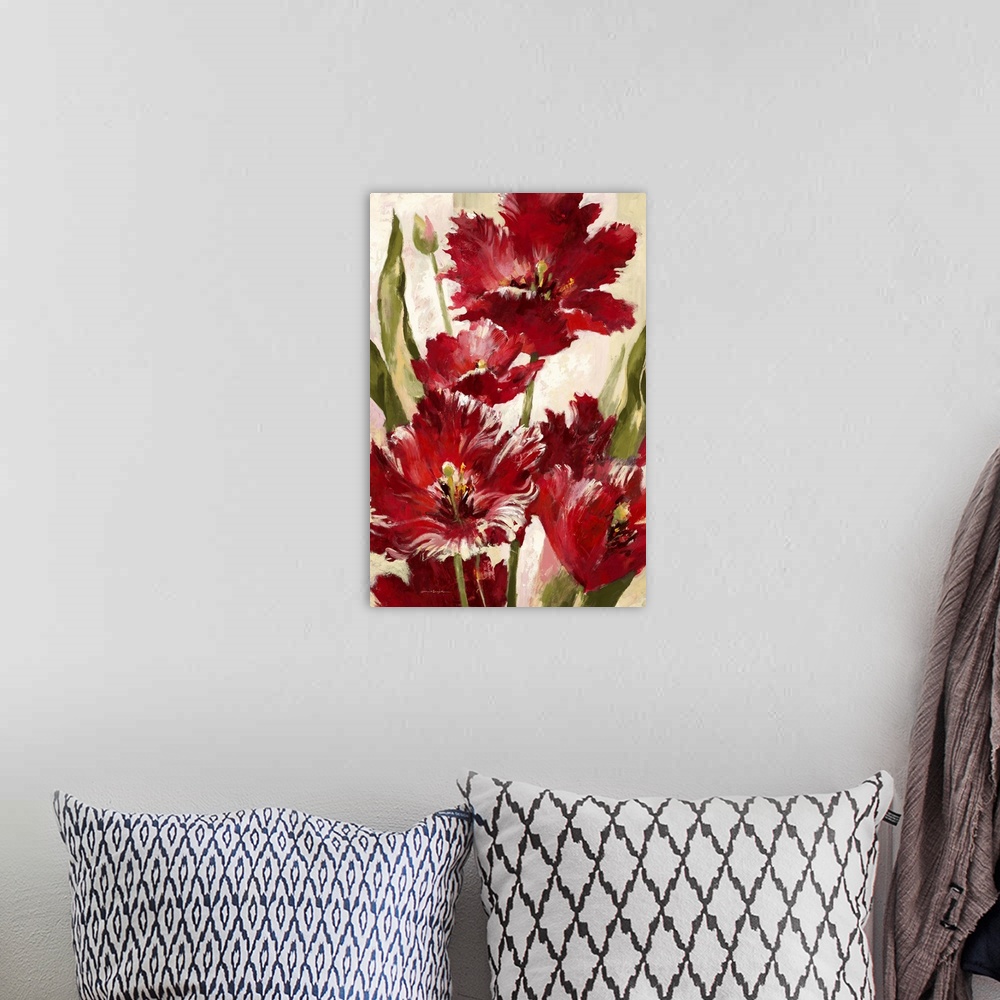 A bohemian room featuring Contemporary painting of vibrant red tulip flowers.