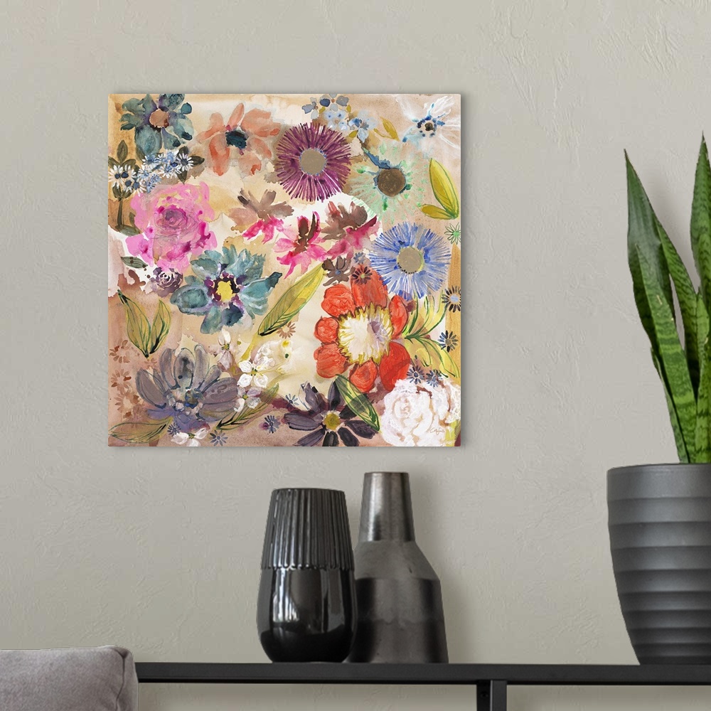 A modern room featuring Watercolor artwork of a variety of blooming flowers in warm shades of pink and red.