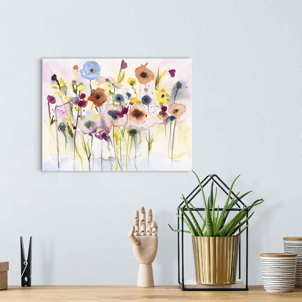 A bohemian room featuring Contemporary watercolor painting of flowers against a white background.
