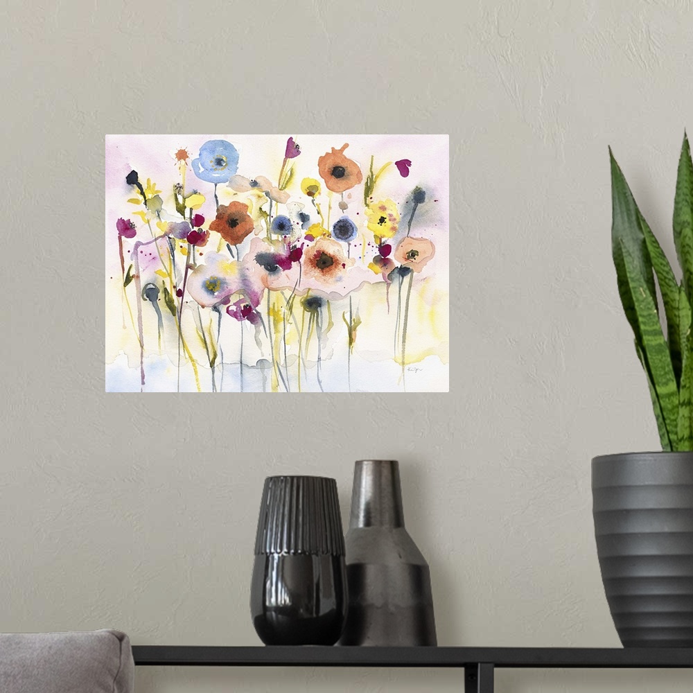 A modern room featuring Contemporary watercolor painting of flowers against a white background.