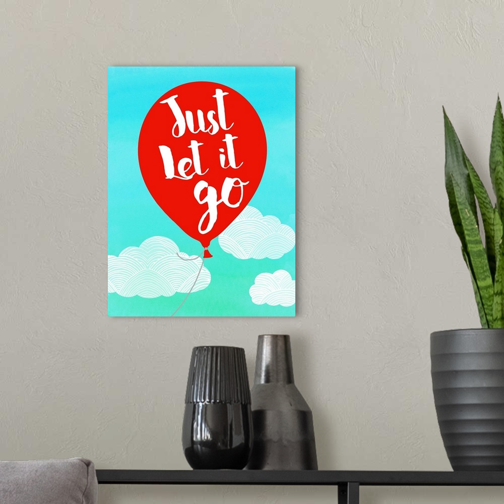 A modern room featuring Illustration of a red balloon with "Just Let It Go" written on it, floating with the clouds.