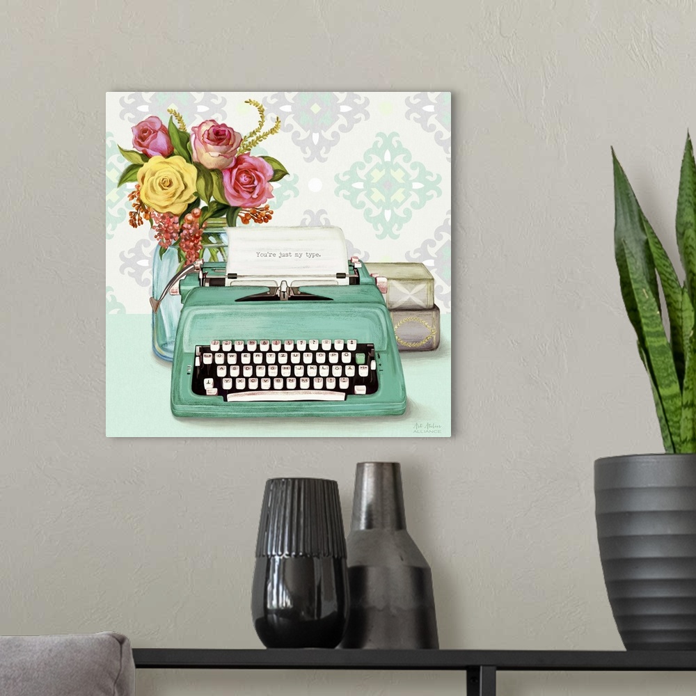 A modern room featuring Contemporary vibrant home decor artwork with a teal typewriter and a bouquet of colorful flowers ...