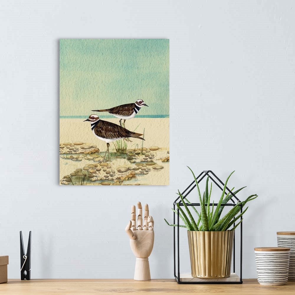 A bohemian room featuring Artwork of a group of killdeer walking on a sandy beach.