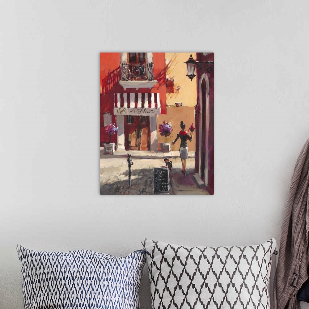 A bohemian room featuring Painting of a woman walking along a sidewalk with a small dog on a leash in colorfully in a town ...