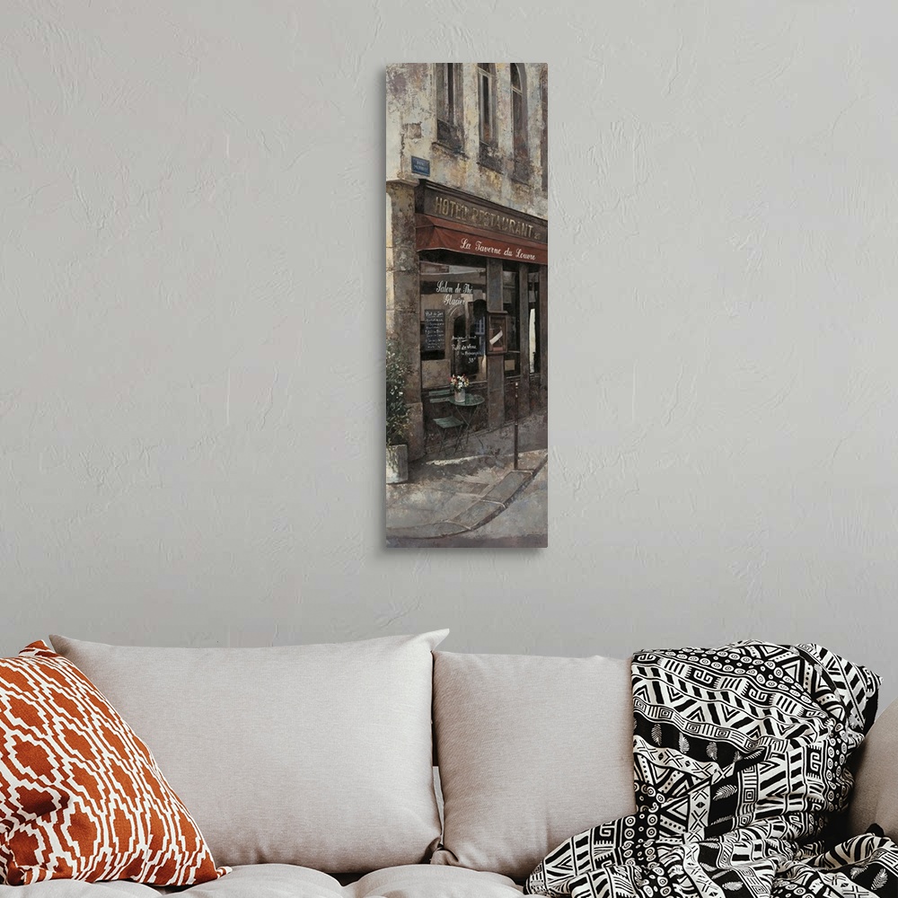 A bohemian room featuring Contemporary painting of a pub and bar storefront downtown in a city.
