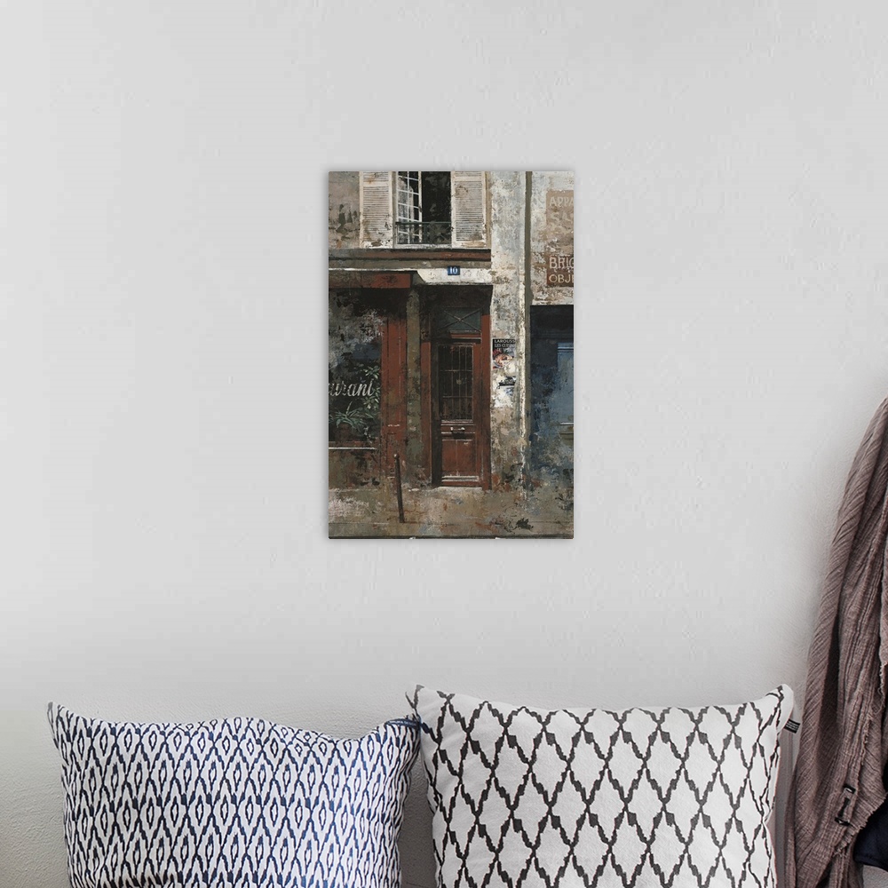 A bohemian room featuring Contemporary painting of a red door and storefront downtown in a city.