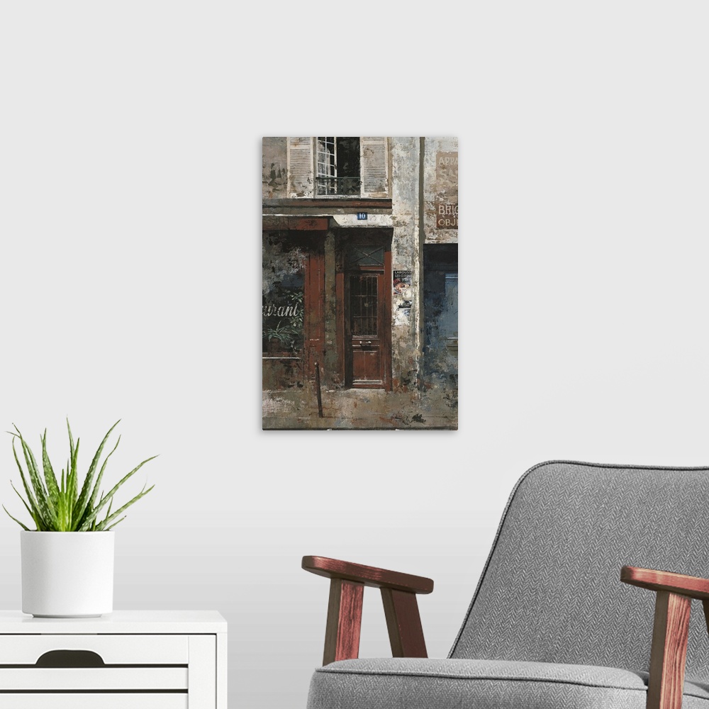 A modern room featuring Contemporary painting of a red door and storefront downtown in a city.
