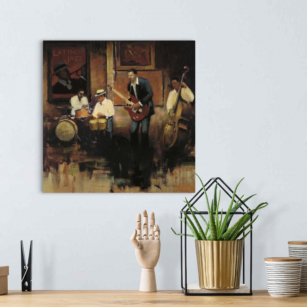 A bohemian room featuring Contemporary painting of a group of jazz musicians playing the bongos, guitar, bass, and drums.