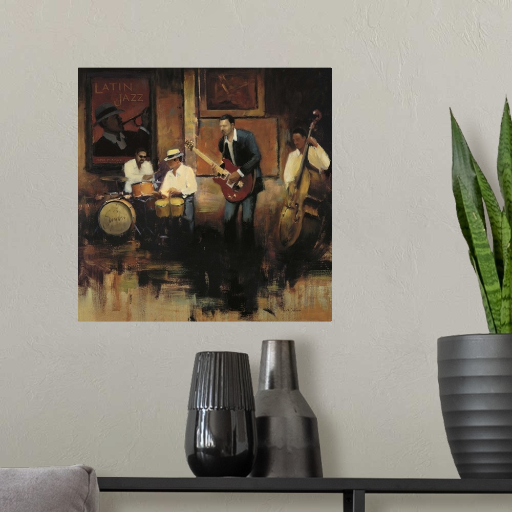 A modern room featuring Contemporary painting of a group of jazz musicians playing the bongos, guitar, bass, and drums.
