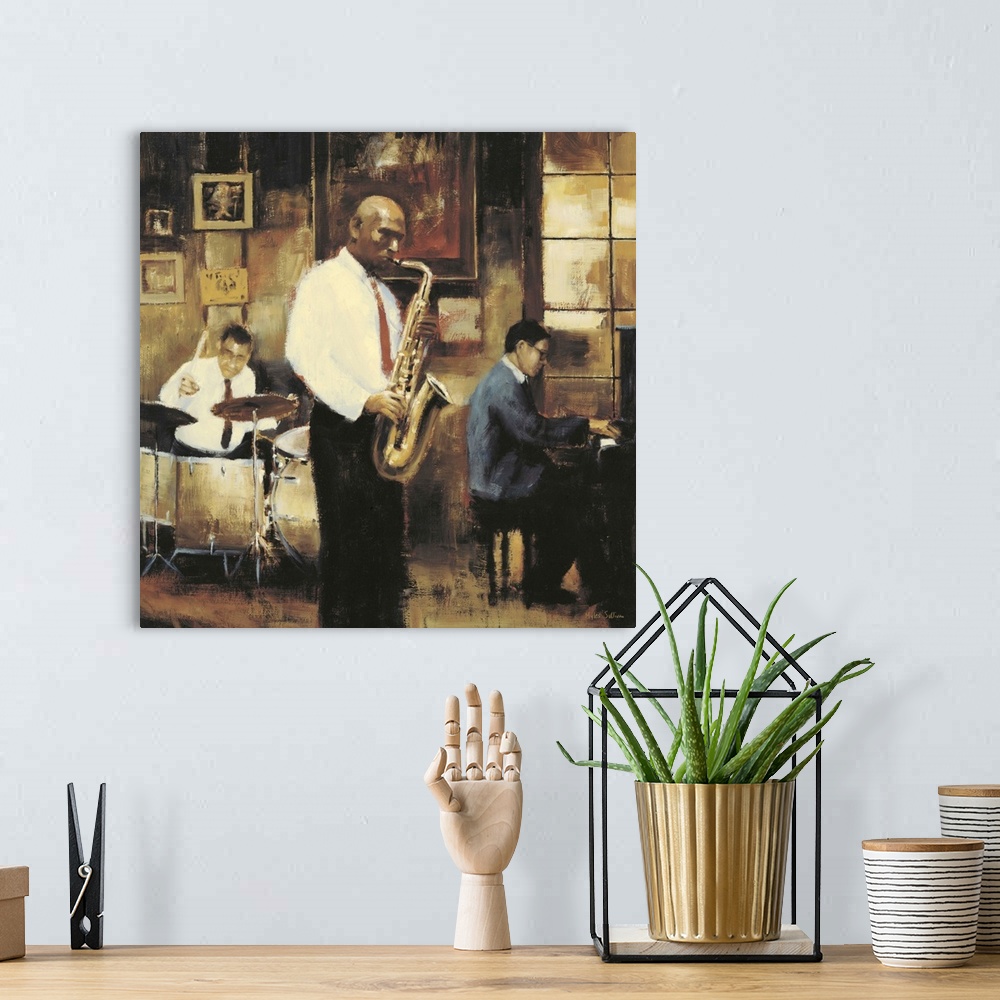 A bohemian room featuring Contemporary painting of a group of jazz musicians, with focus on the saxophone player.