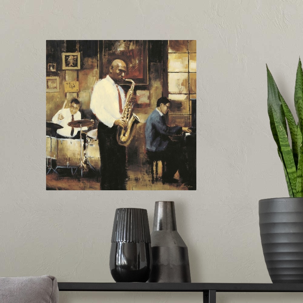 A modern room featuring Contemporary painting of a group of jazz musicians, with focus on the saxophone player.