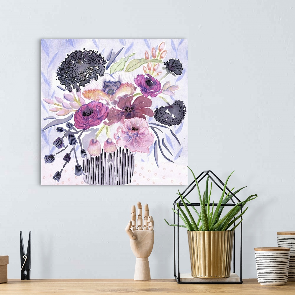 A bohemian room featuring Watercolor art print of a bouquet of purple and lavender flowers in a striped vase.