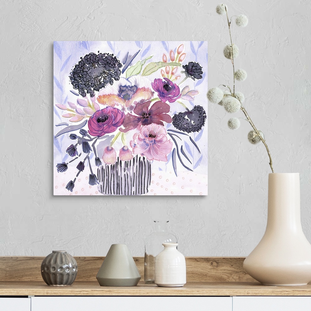 A farmhouse room featuring Watercolor art print of a bouquet of purple and lavender flowers in a striped vase.