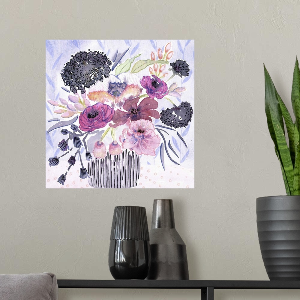 A modern room featuring Watercolor art print of a bouquet of purple and lavender flowers in a striped vase.