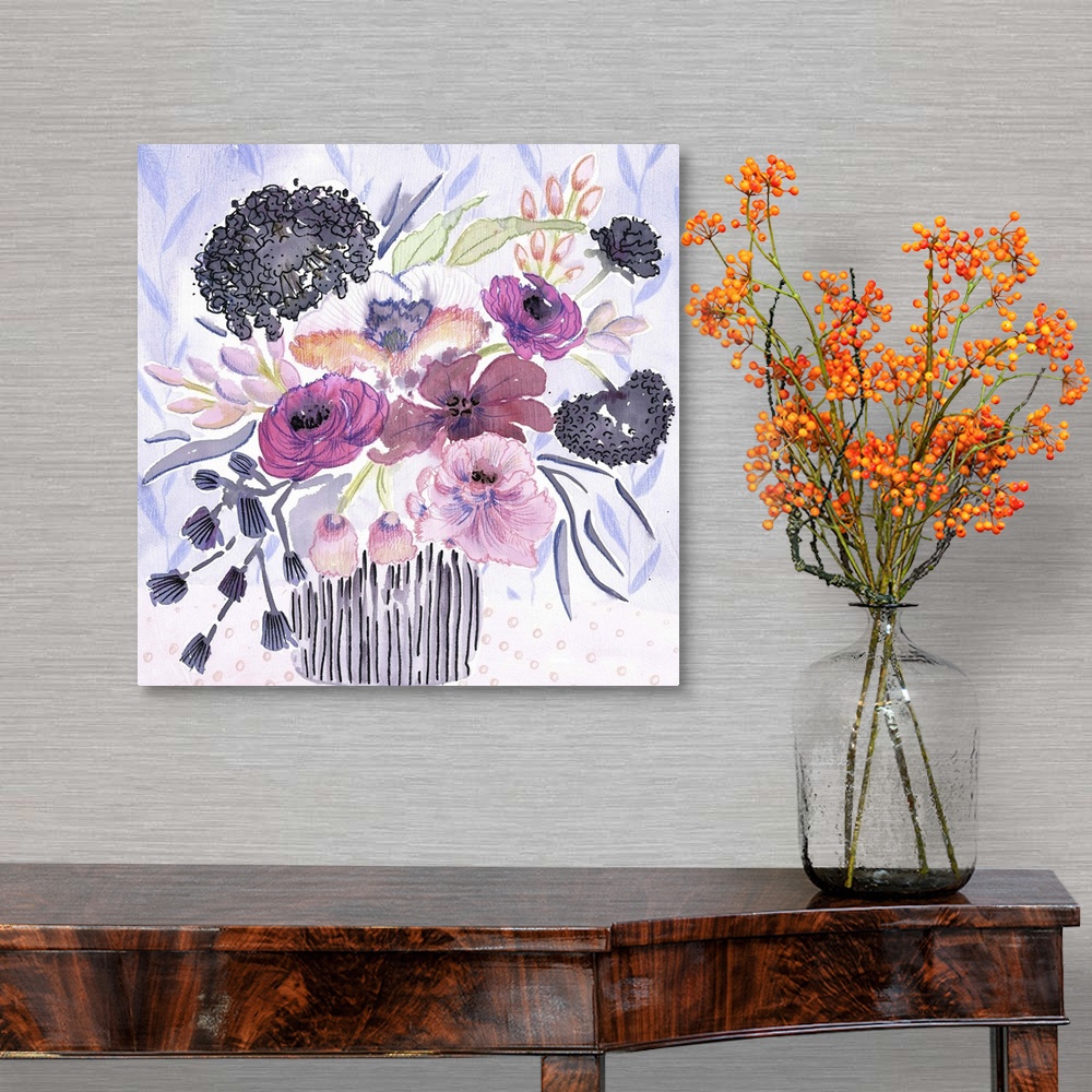 A traditional room featuring Watercolor art print of a bouquet of purple and lavender flowers in a striped vase.