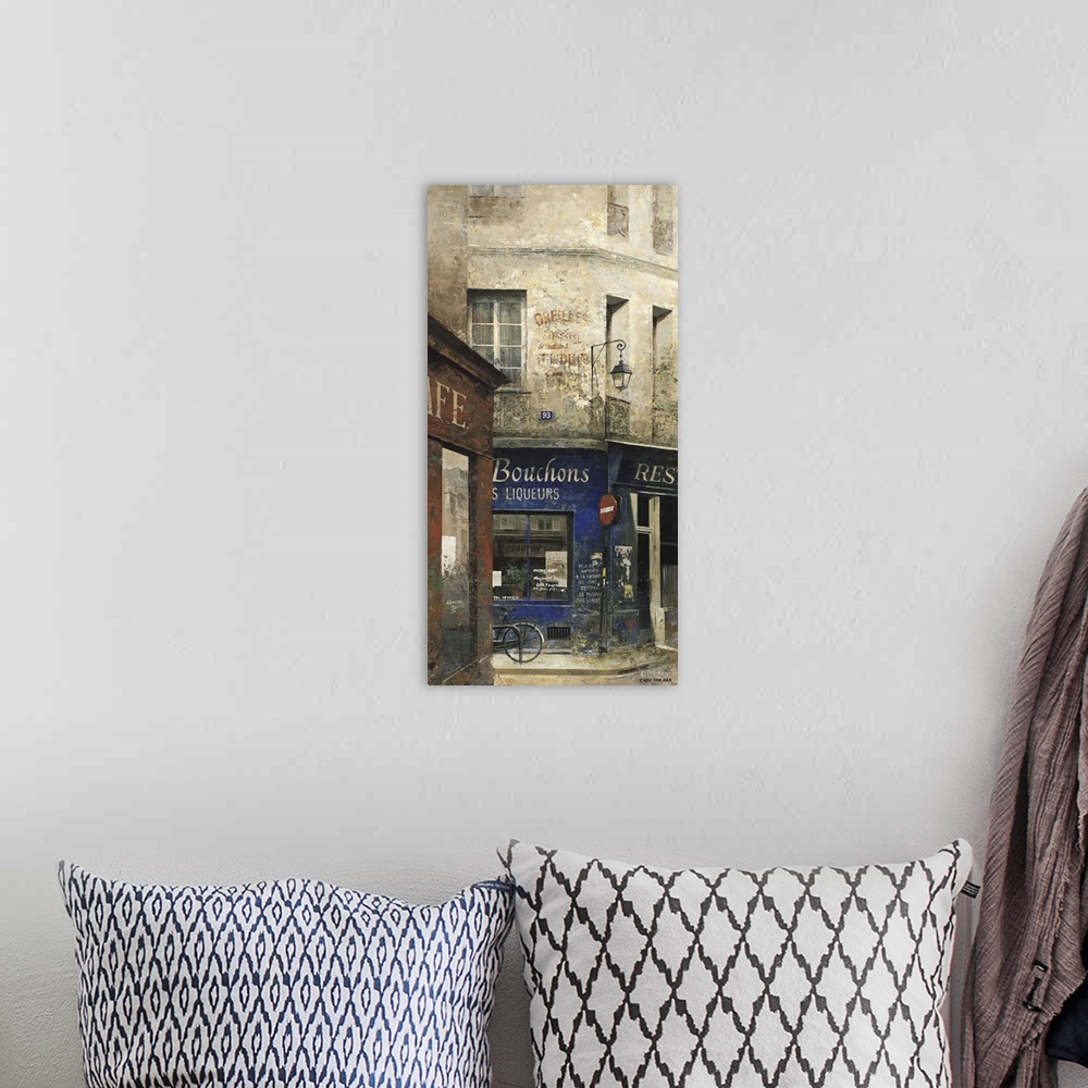 A bohemian room featuring Contemporary painting of a storefront downtown in a city.