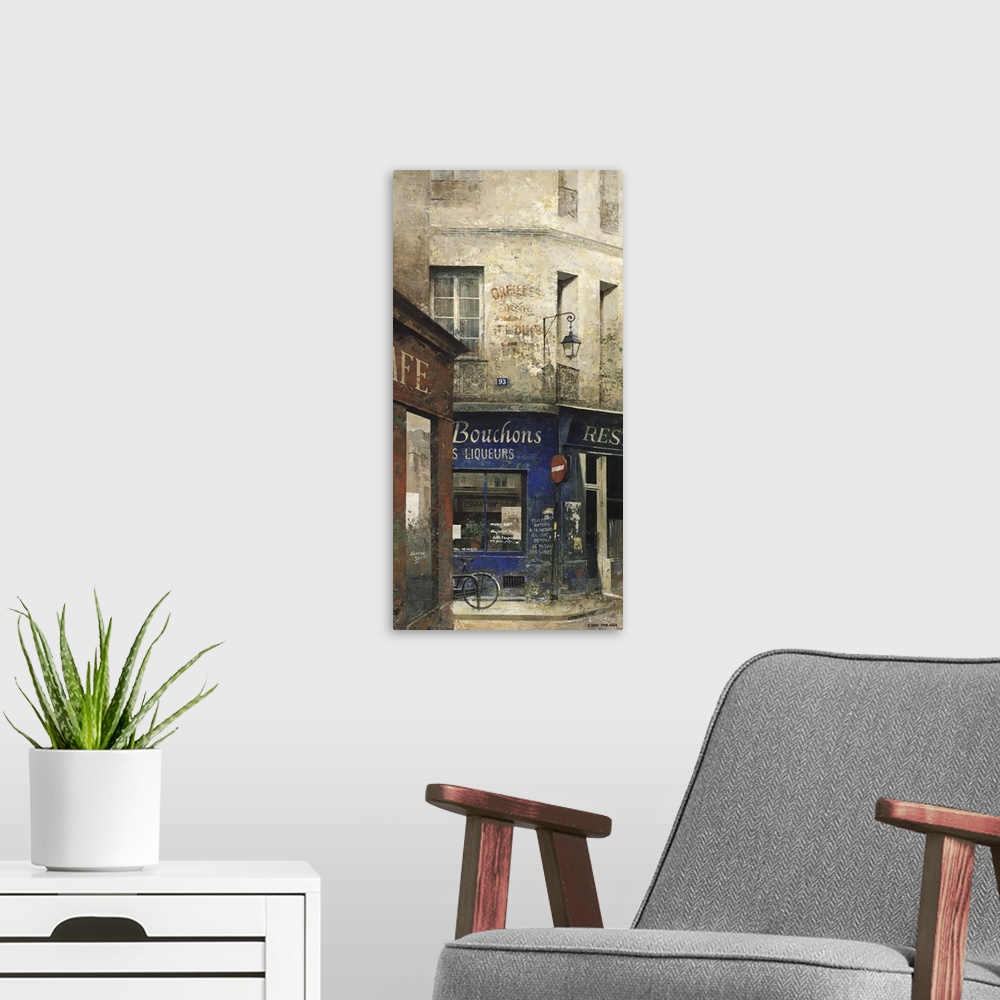 A modern room featuring Contemporary painting of a storefront downtown in a city.