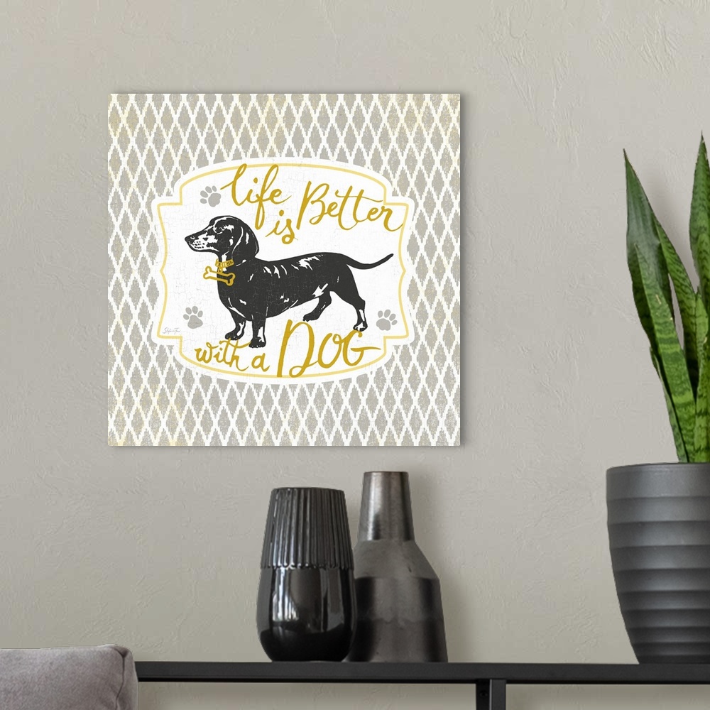 A modern room featuring Illustration of a dachshund wearing a bone collar with the text "Life is better with a dog."