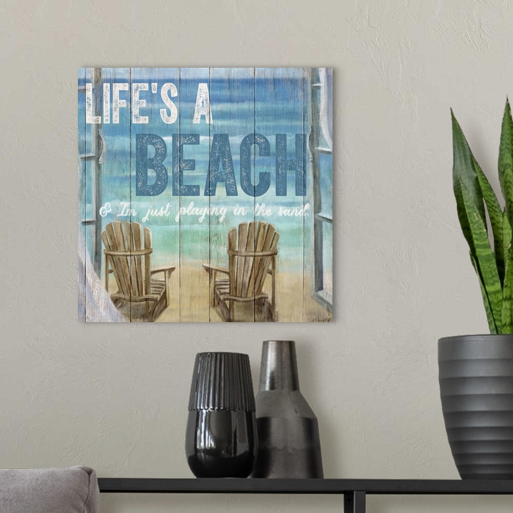 A modern room featuring Life's A Beach Weathered Wood Sign