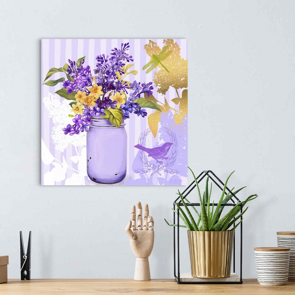 A bohemian room featuring Contemporary home decor artwork of a vibrant purple flowers in a light purple mason jar against a...