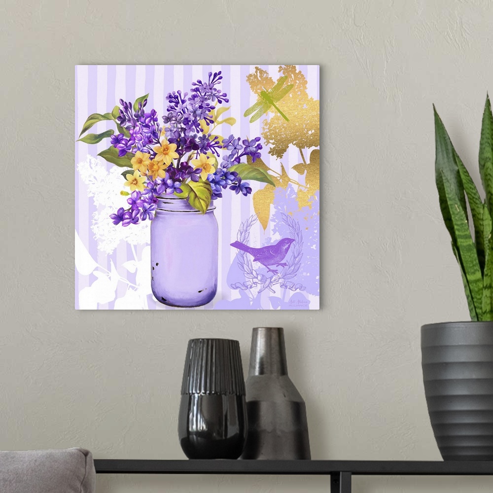 A modern room featuring Contemporary home decor artwork of a vibrant purple flowers in a light purple mason jar against a...