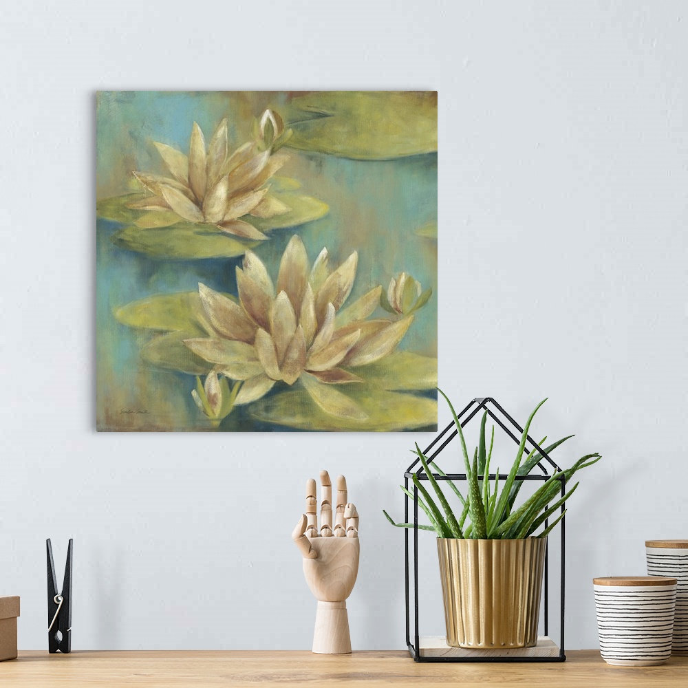 A bohemian room featuring Square painting of two water lily flowers floating in the water.