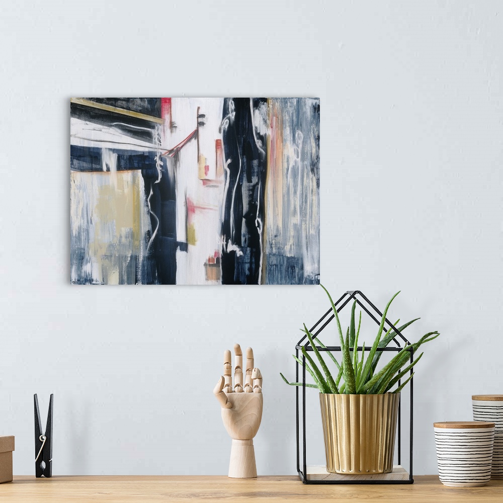 A bohemian room featuring Contemporary abstract painting using shapes and color resembling retro art.