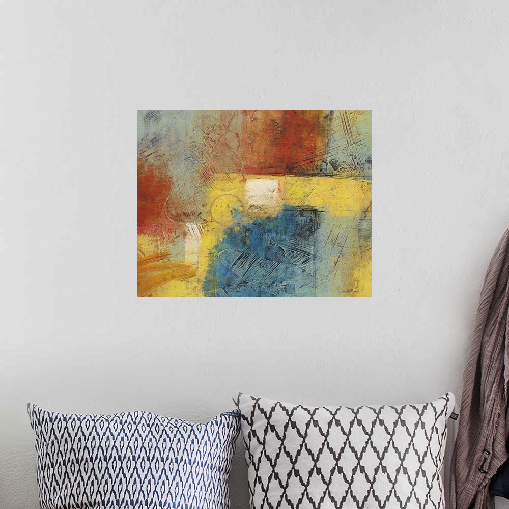 A bohemian room featuring Contemporary abstract artwork using warm and cool tones thrown together in a mix of color.