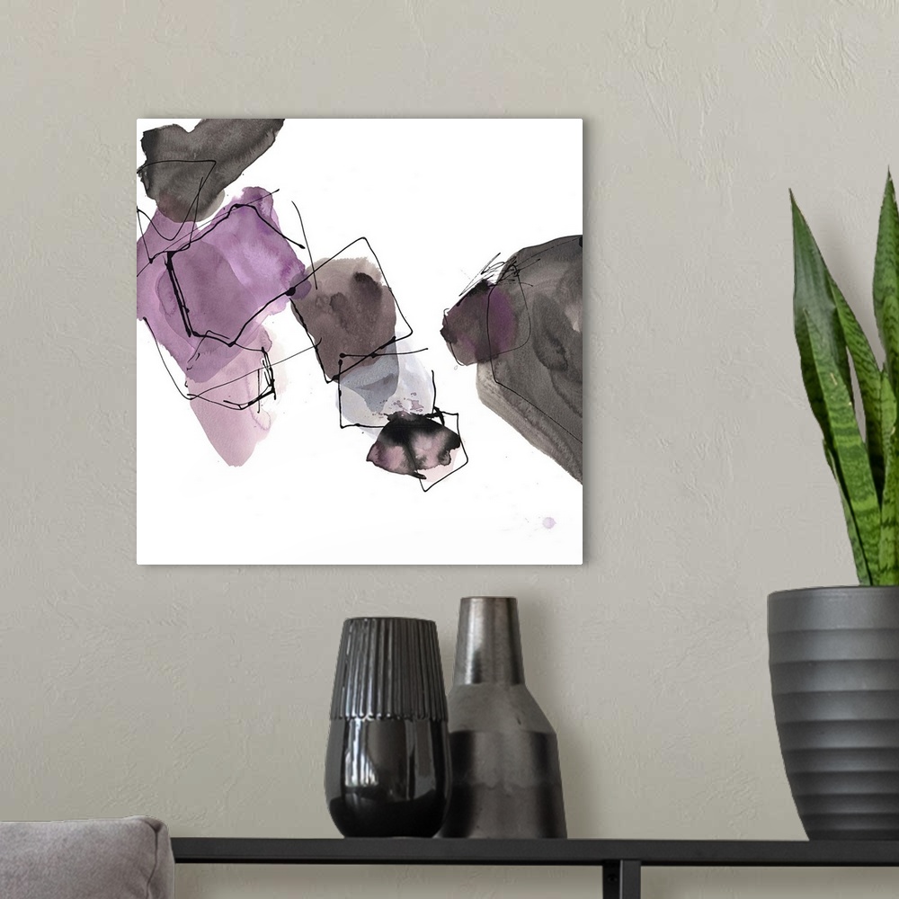 A modern room featuring Contemporary abstract painting of organic grey and pink shapes with black outlines on white.