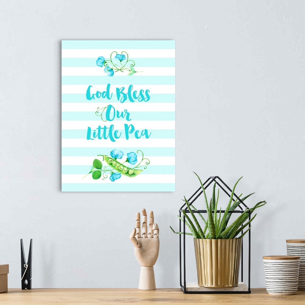 A bohemian room featuring "God Bless Our Little Pea" in blue, white, and green