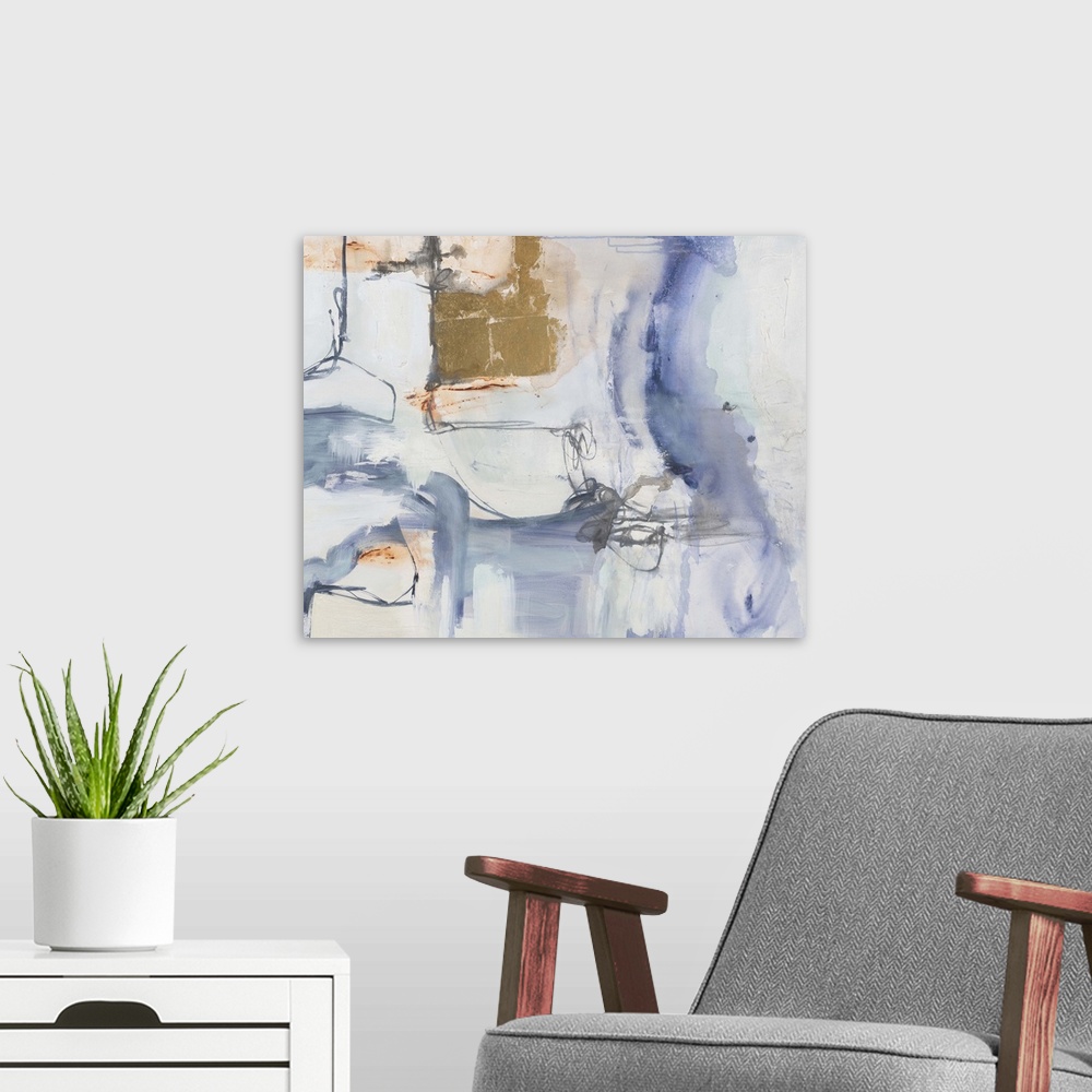 A modern room featuring Contemporary abstract painting using neutral tones with splashes of vibrant color.