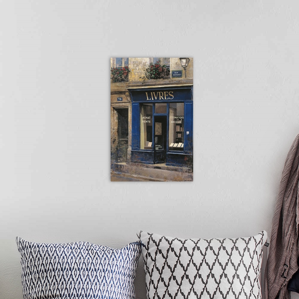 A bohemian room featuring Contemporary painting of a Bookstore storefront downtown in a city.