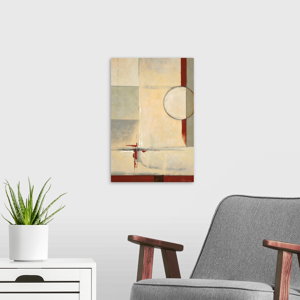 A modern room featuring Contemporary abstract home decor art using warm earthy tones.