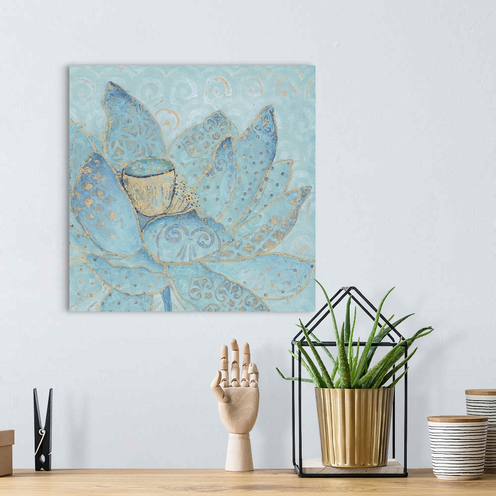 A bohemian room featuring Illustration of a blue lotus flower with golden details.