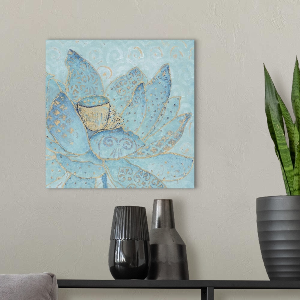 A modern room featuring Illustration of a blue lotus flower with golden details.